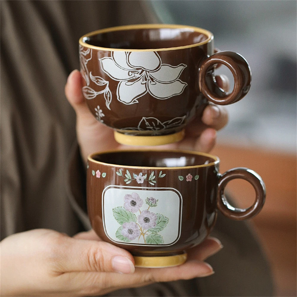 الإبداعية الجديدة الصينية القدح عالية اللون قيمة لوازم المطبخ فنجان القهوة لاتيه الفاوانيا ليتشي زنبق البنفسجي المطبوعة كوب سيراميك 210 مللي