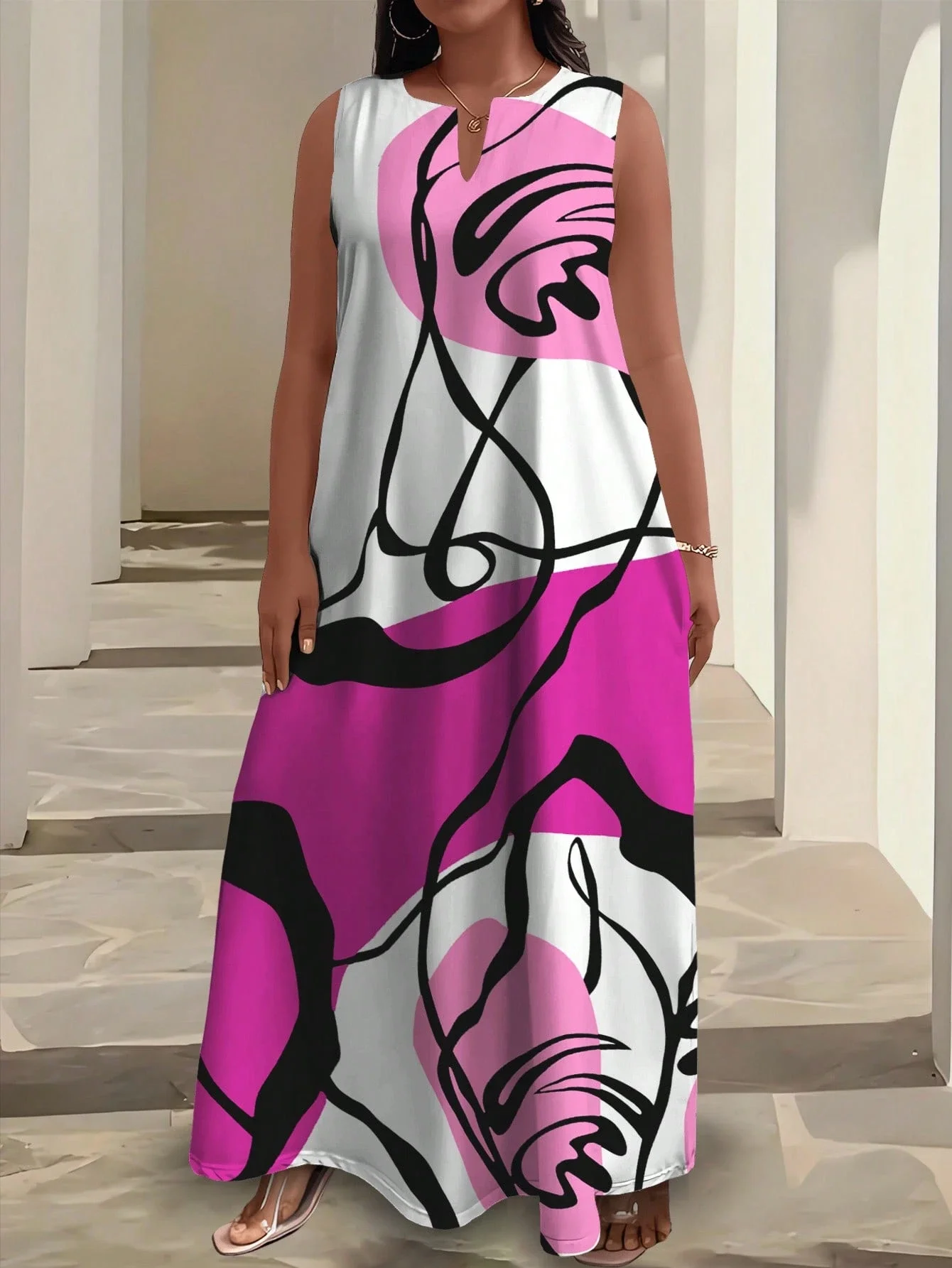

Plus Size Sleeveless Abstract Print Maxi Dress For Summer Vacation