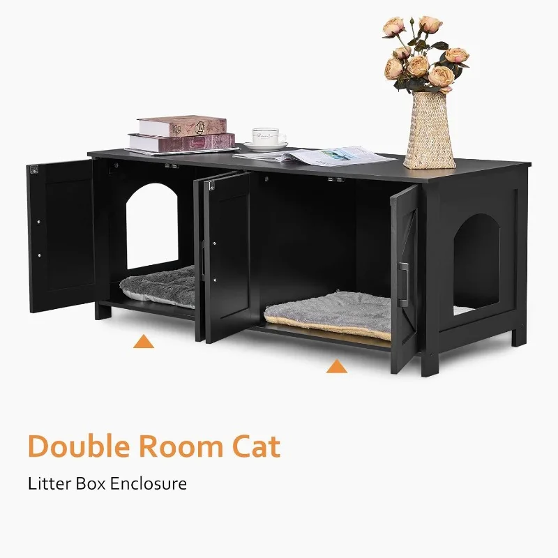 Cat Litter Box Enclosure for 2 Cats, Litter Box Furniture Hidden with Double Room,Wooden Cat Washroom Furniture,Cat House