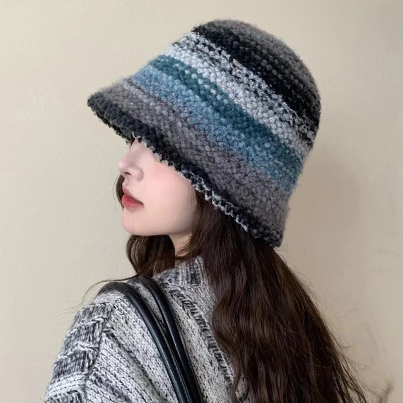 Autumn Winter New Colorful Knitted Bucket Hat for Women Korean Fashion Dopamine Warm Fisherman Hat Japanese Causal Thick Panama