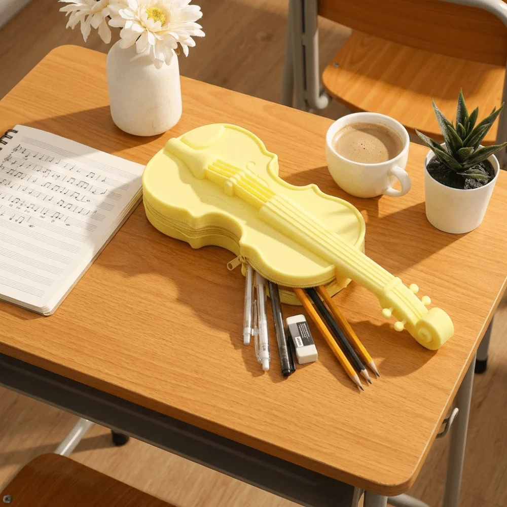 Silicone Material Violin Pen Bag Zipper Closure High Appearance Level Violin stationery bag Creative Design Decorative Gift