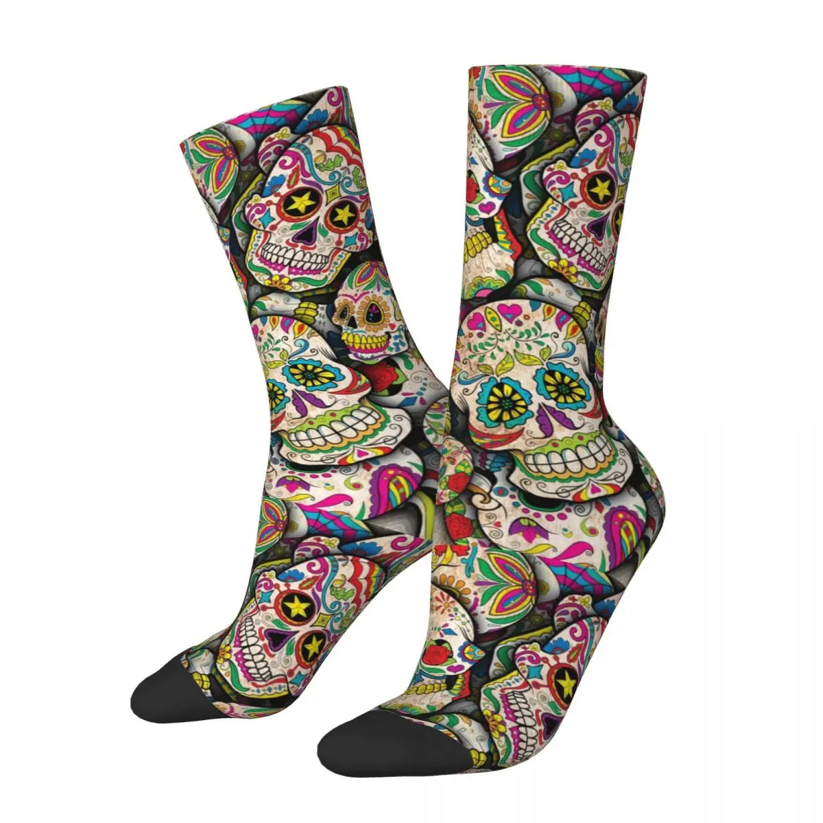 Colorful Sugar Skull Collage Sports Socks day of the dead Polyester Middle Tube Socks for Women Men Sweat Absorbing