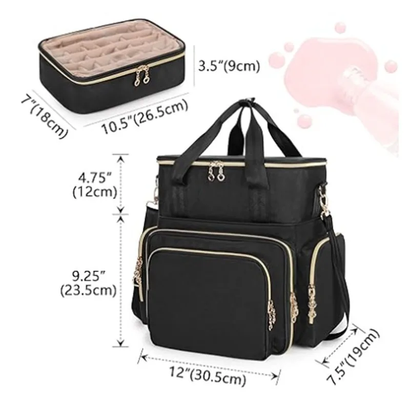 منظم طلاء الأظافر من ريلافيل، حقيبة أظافر بطبقة مزدوجة تحمل 80-100 زجاجة (15 مل/0.5 أونصة أوقية) وحقيبة تخزين لمصباح الأظافر