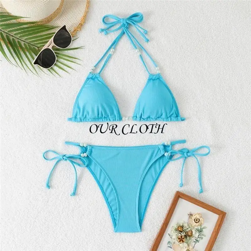 Women Split Swimsuit Thong Set Solid Strappy Swimming Suit High Cut Beachwear Y1AC