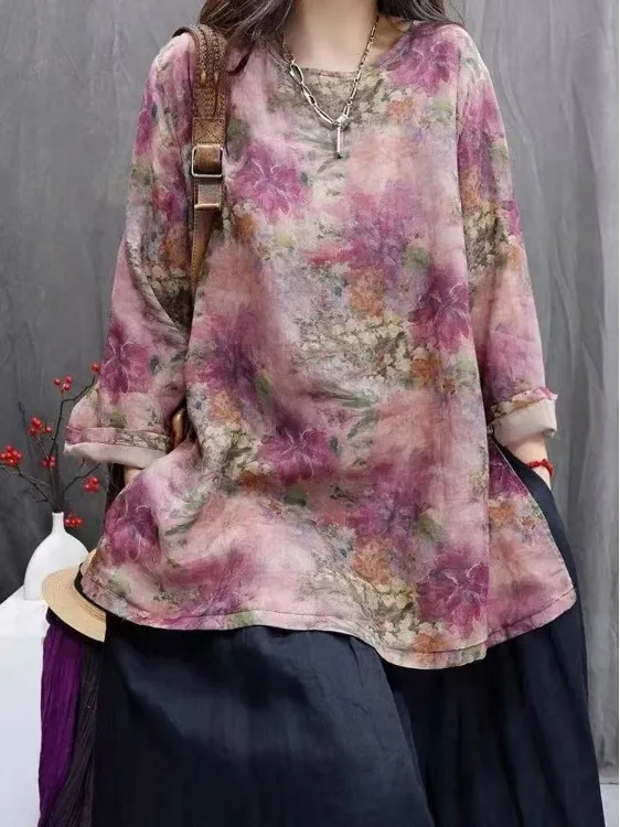 

Artistic Vintage Flax Print Casual Loose Mid-Sve Overhead Medium-Length Women's irt Spring Summer 2026 Breathable Comfor...