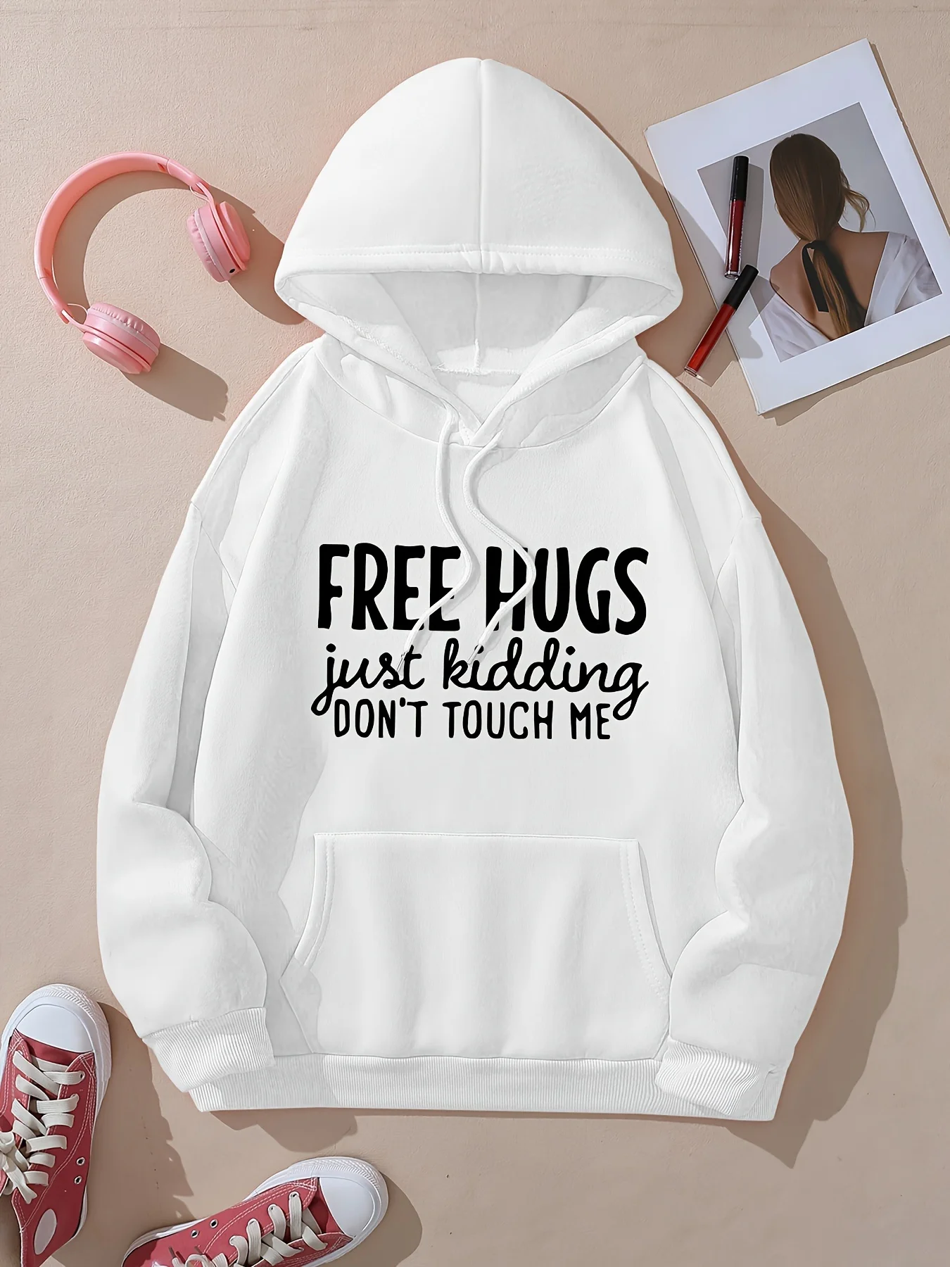 

HUGS letter printed hooded sweatshirt with drawstring casual hooded sweatshirt autumn and winter fashionable women's clothing