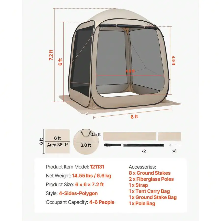 Screen House Tent, 6 X 6 Ft, 4-6 Person Pop Up Screen Tent, Portable Screened In With Carry Bag, Netting Sides, Ground Stakes, F
