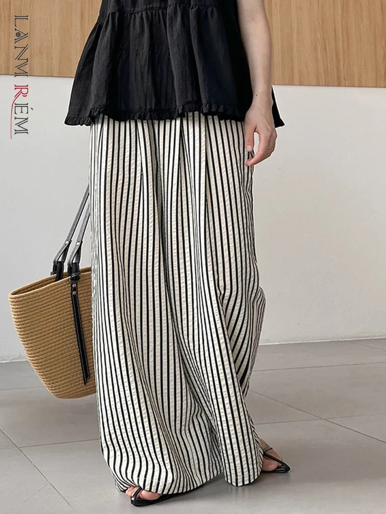 

[LANMREM] Minimalism Striped Pants For Women Elastic High Waist Casual Loose Trousers Fashion Clothing 2024 Summer New 26D9578