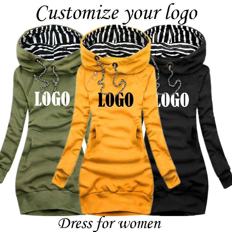 Personalize novos vestidos de manga comprida com capuz feminino estampado manga comprida hoodie casual saia com capuz pulôver bolso camisola vestido