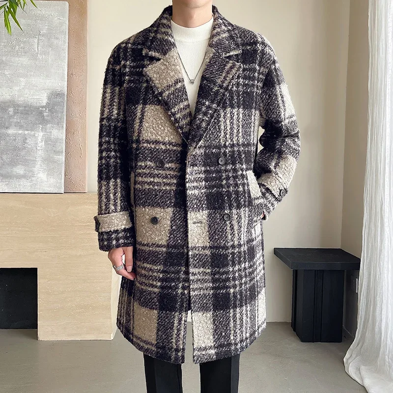 Men Winter Quilted Thicken Woolen Loose Casual Plaid Loose Casual Long Trench Coat Korean Streetwear Campus Boy Outerwear Jacket