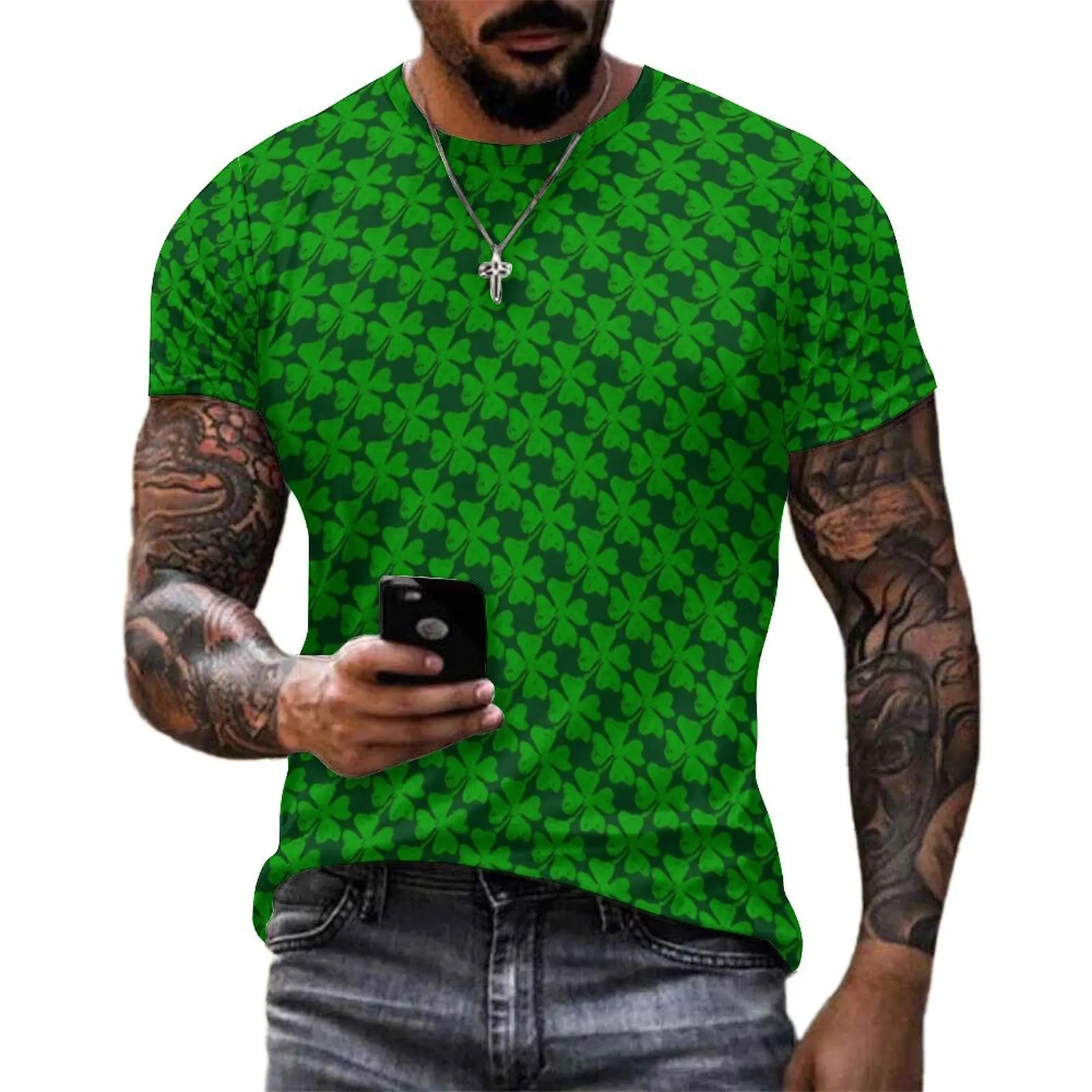 Beach T-Shirt Shamrock Print T Shirts 4 Leaf Clovers Y2K Fun Harajuku Tee Shirt For Male Short Sleeve Custom Plus Size Tops