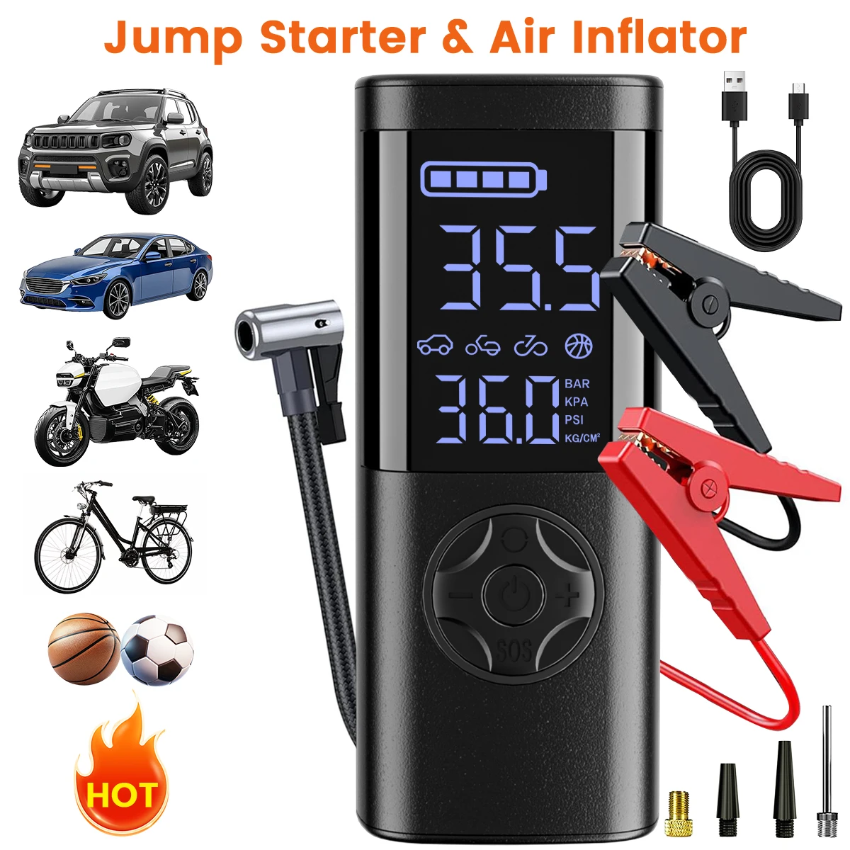 Portable Car Jump Starter Power Rechargeable Air Pump Tire Inflator Digital Cordless Compressor for Car Bicycle Tyre Inflator