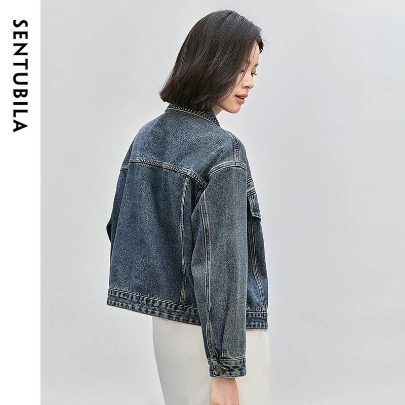 SENTUBILA 100% Cotton Denim Coat for Women 2024 Autumn Retro Straight Turn Down Collar Single Breasted Washed Jackets W43W56145