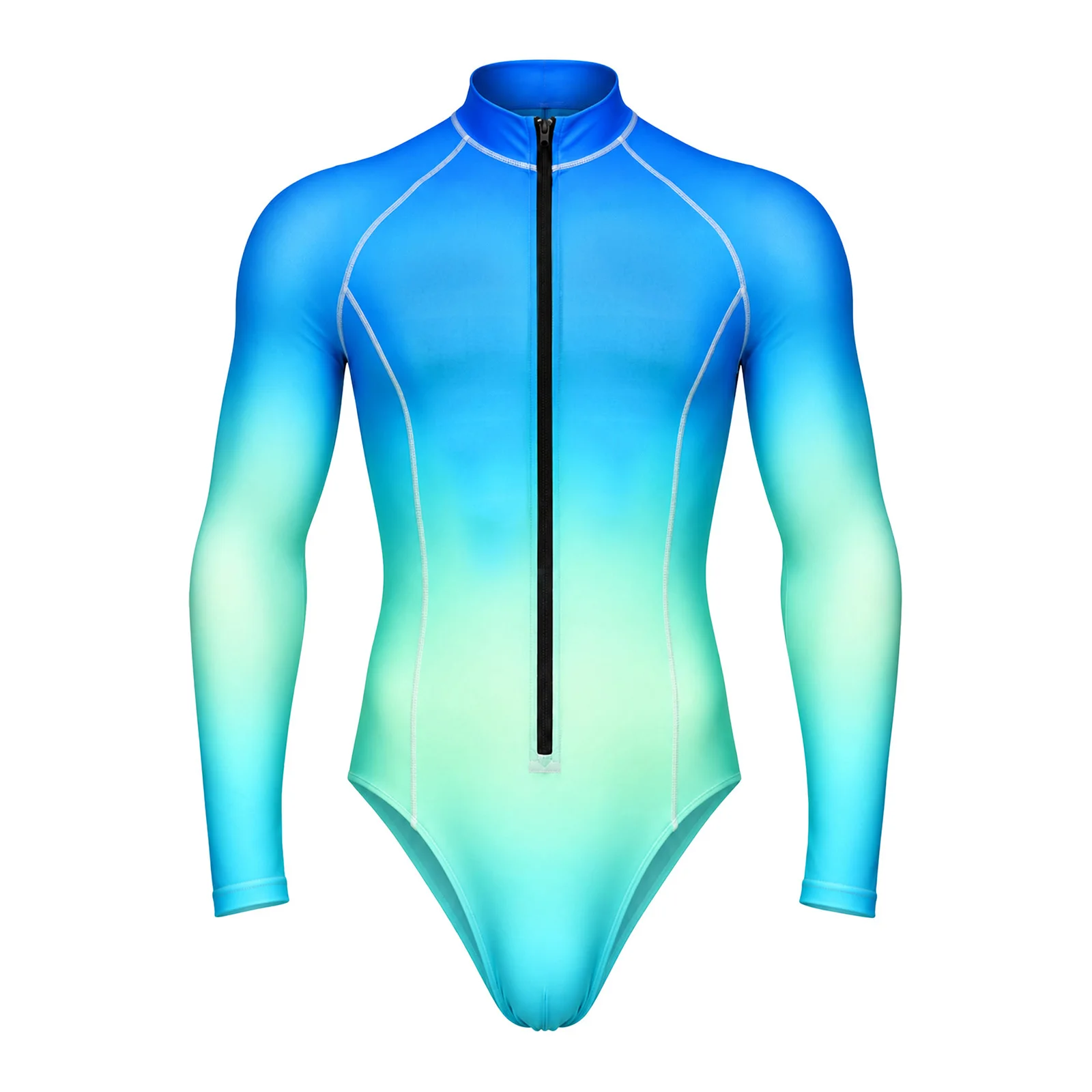 Men One-Piece Swimsuit Gradient Swimming Bodysuit Long Sleeve Zip Quick-dry Stretchy Leotard for Surfing Diving Workout Training