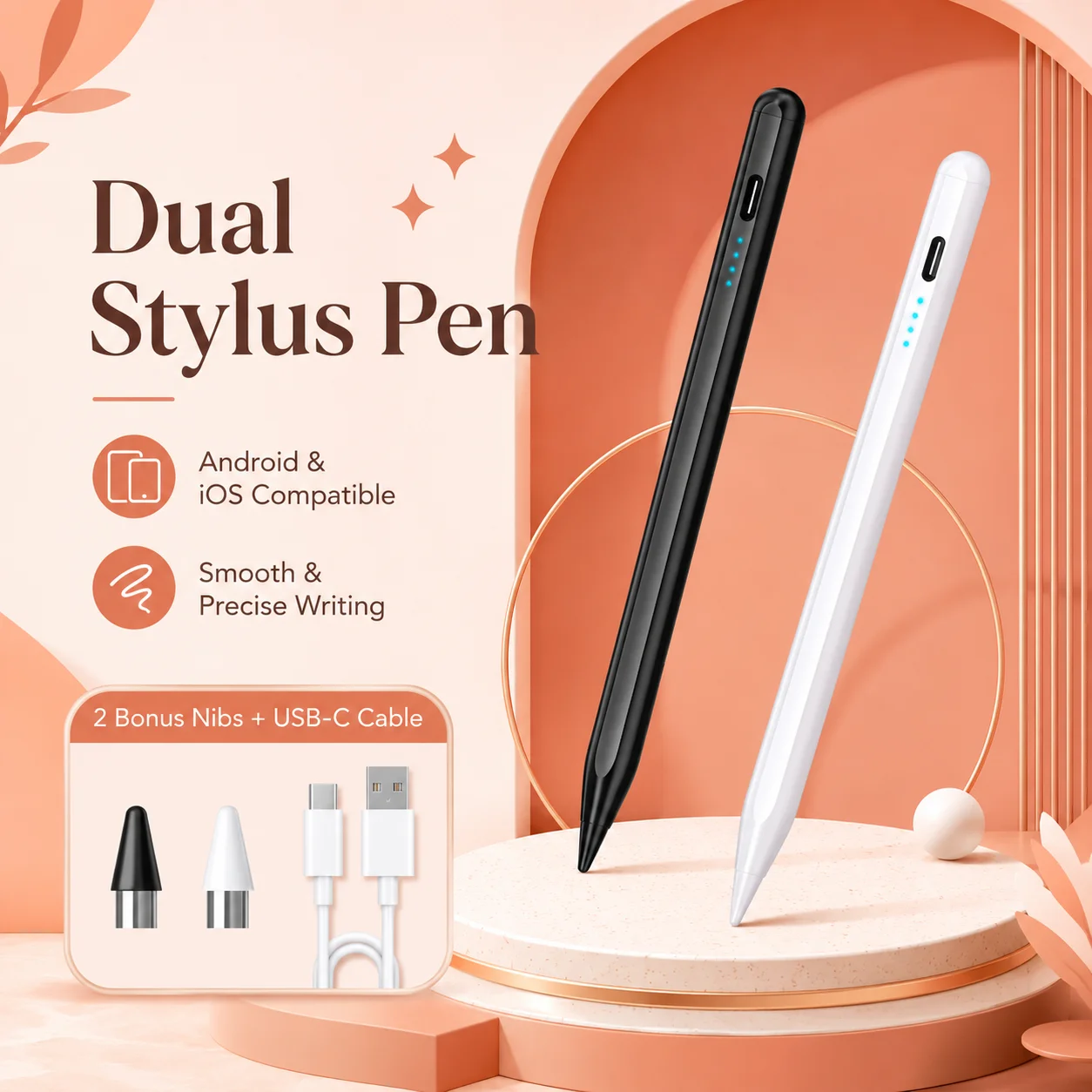 Stylus Pen for Apple & Android, Long Lasting Battery Touch Pen with 2 Spare Nibs for Phone Tablet