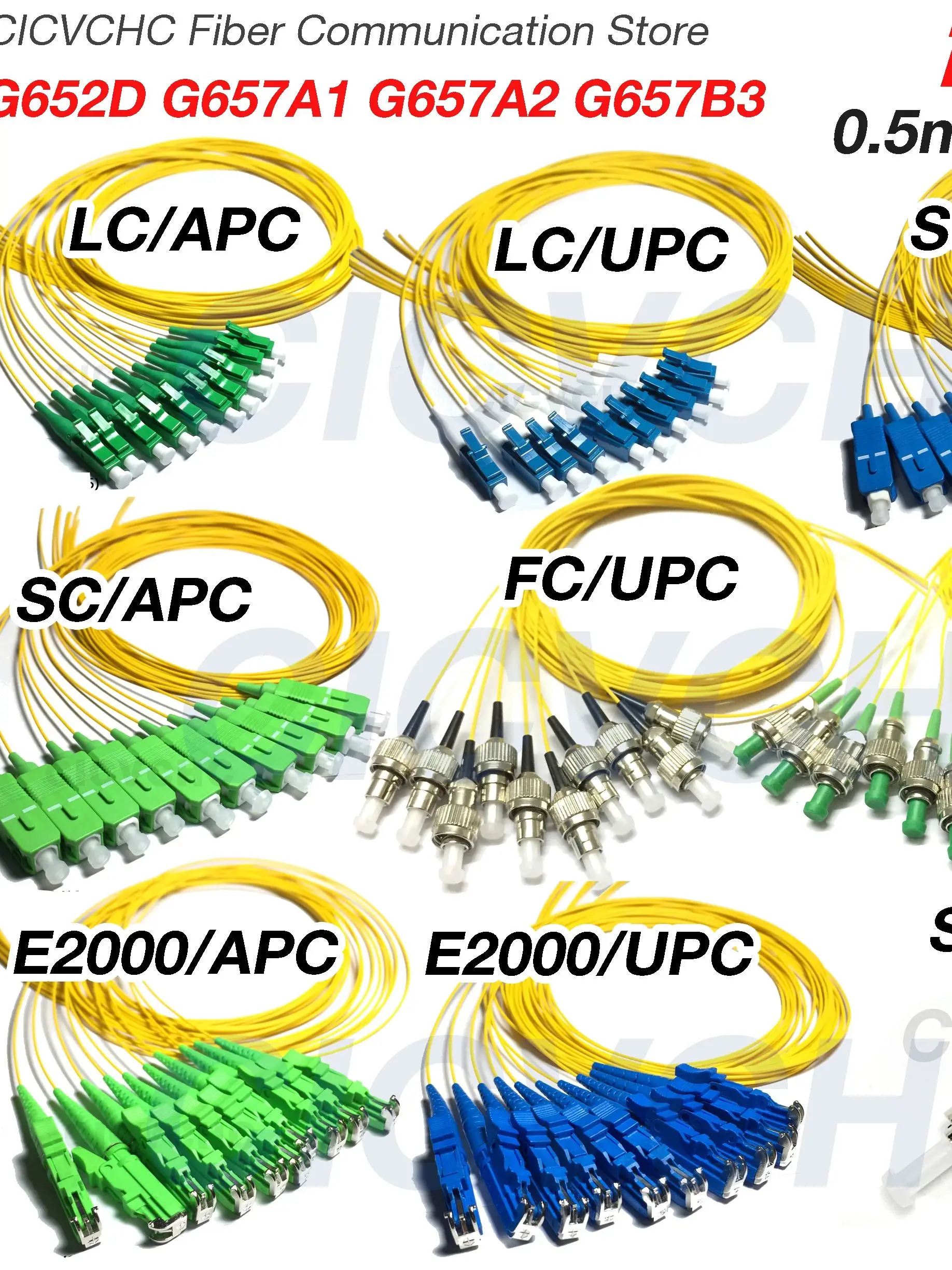 10szt SC/APC SC/UPC LC/APC LC/UPC FC/UPC FC/APC ST/UPC E2000/APC Pigtail światłowodowy SM G652D G657A1 G657A2 G657B3 Kabel 0,9 mm — zdjęcie produktu 7