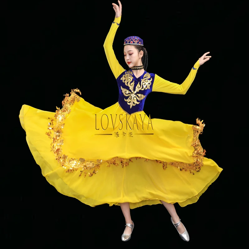 Xinjiang Performance de Dança Traje para Mulheres, Traje De Dança Uigur, Exame De Arte Feminina, Prática De Palco, Saia Balanço Grande, Minoria Étnica