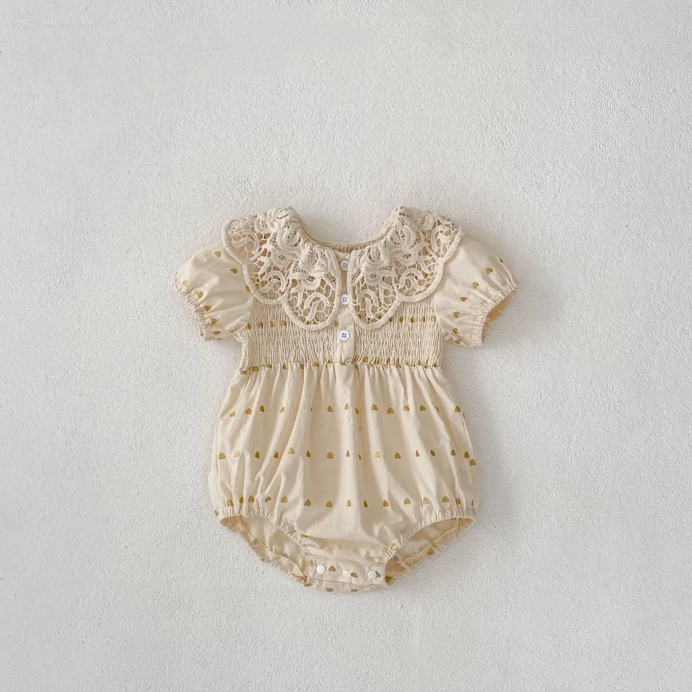 

Cute Baby Girl Romper 0-2Years Newborn Princess Short Sleeve Lace Collar Heart Pattern Cotton Bodysuit Princess Outfits Clothes