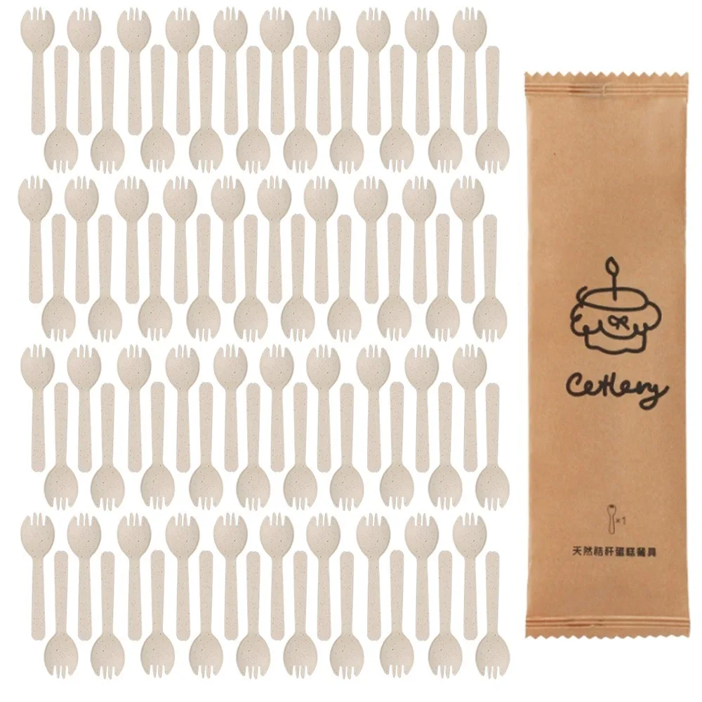 100 Stück einzeln verpackte Einweg-Löffelgabel, umweltfreundlich, 11,3 cm, Mini-Gabel-Set, Weizenstroh, verdickte Eislöffel