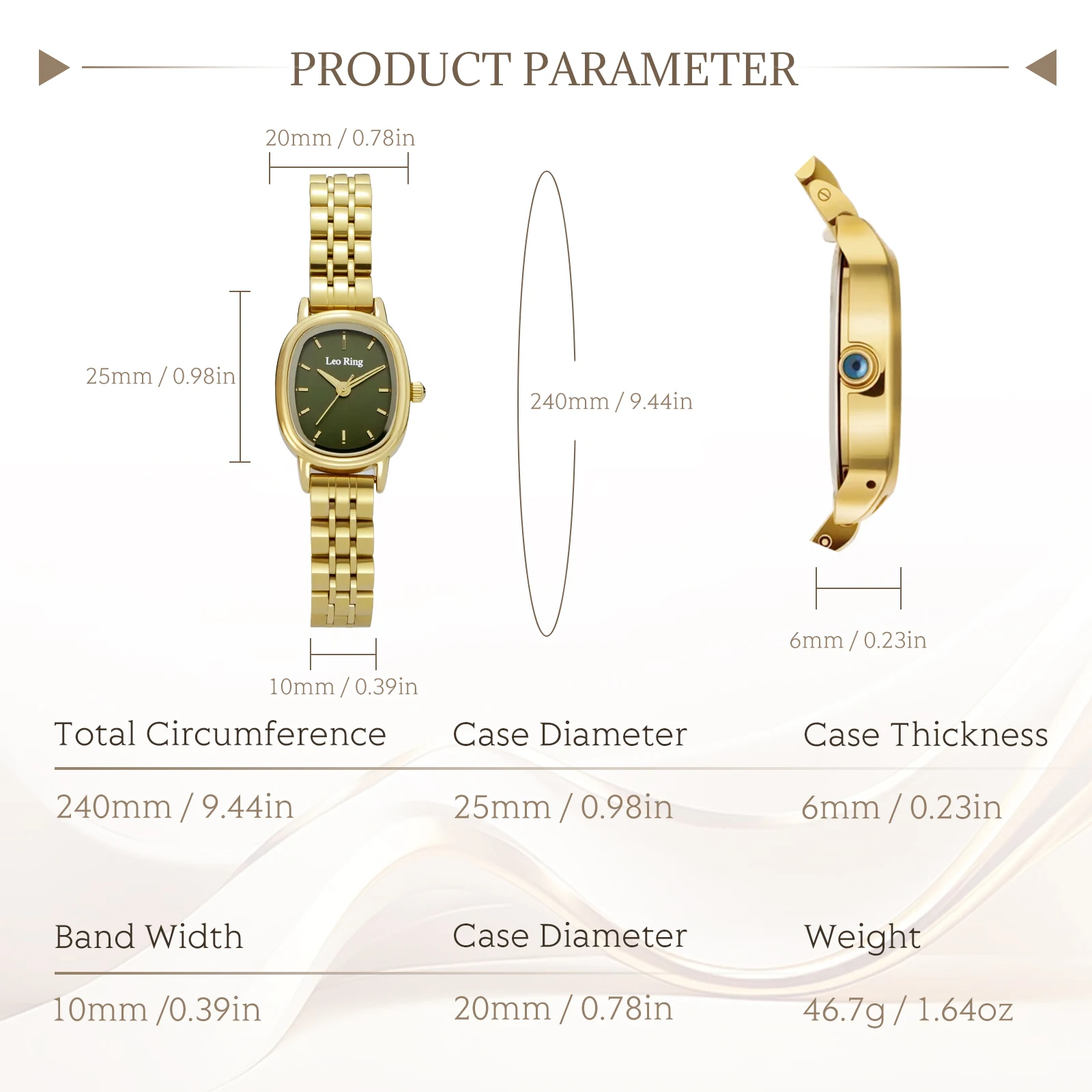 LEO RING Women's Quartz Watch Luxury Vintage Oval Watch Women's Gold Stainless Steel New Square Watch Business Watch Gift
