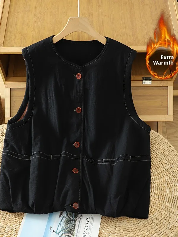 Frauen Winter Neue Leinen Baumwolle Jaet Lose Casual Künstlerische Verdickte Oberkörper Baumwolle Gepolsterte Weste Pendeln Sle runde Ne...