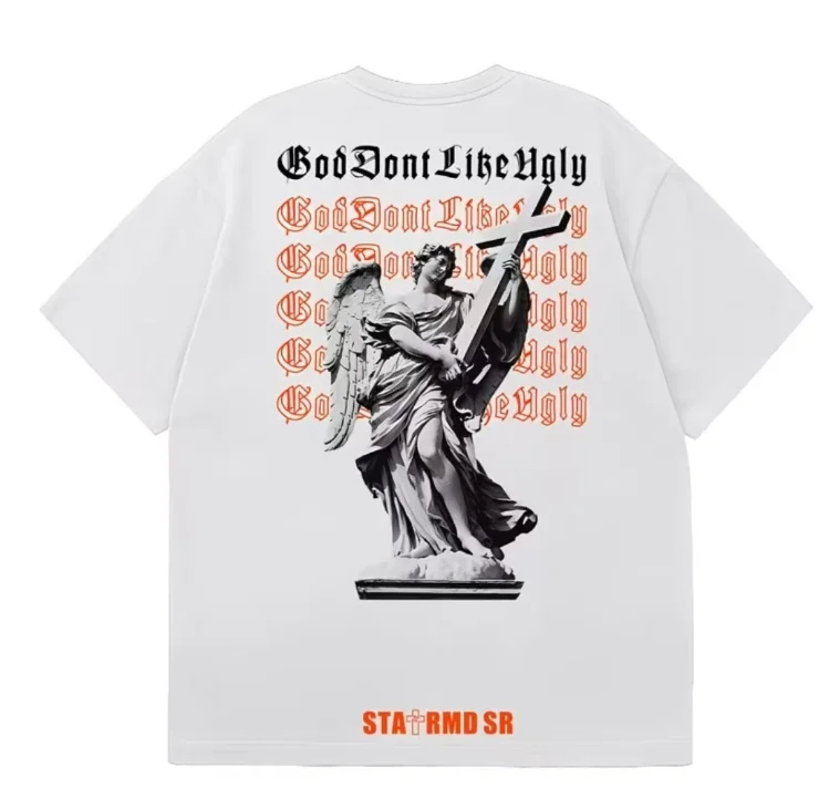 2026New Men Grey Short Sleeve T Shirt Crew Neck Cotton Tee Retro Street Letter Print Loose Casual Fashion Daily Summer Tops