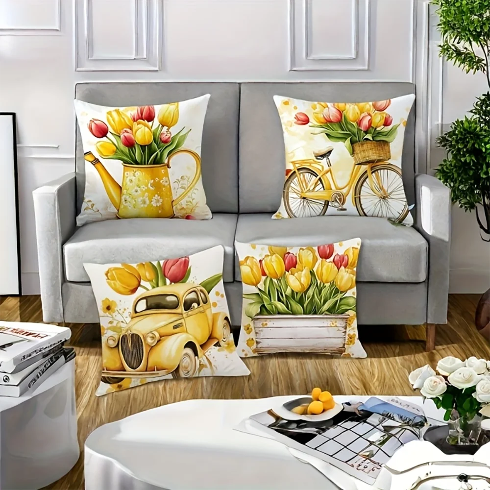 1PC 2D Flat Vintage Watercolor Tulip Floral Throw Pillow Covers Farmhouse Spring Decor Cushion Cases