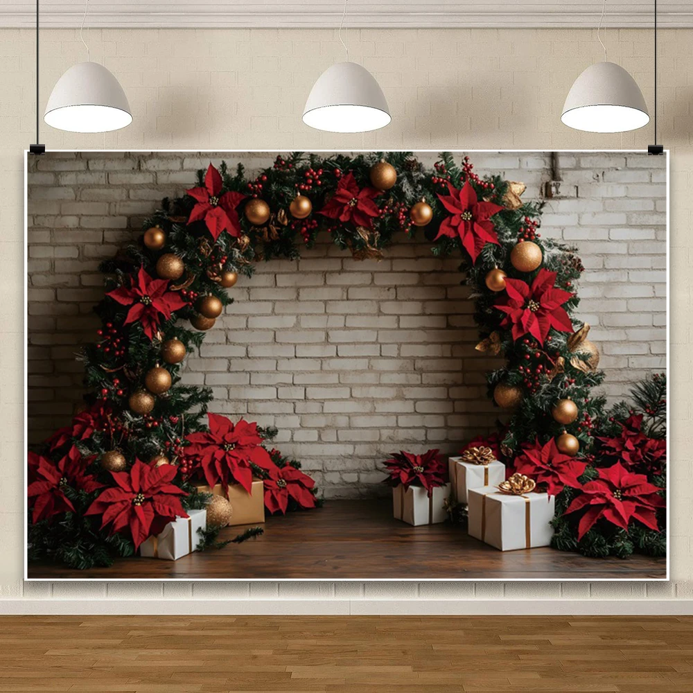 Merry Christmas Background Photography Gray Brick Wall Xmas Tree Gift Red Green Garland Arch Wedding Birthday Photo Backdrop