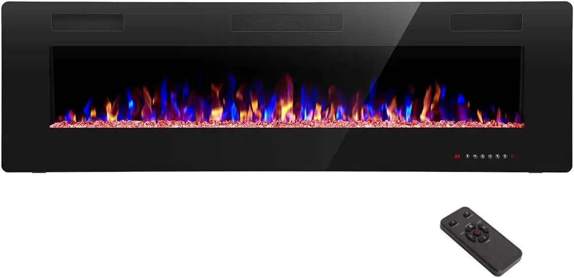 60" Recessed and Wall Mounted Electric Fireplace, Low Noise, Remote Control with Timer, Touch Screen, Adjustable Flame Color