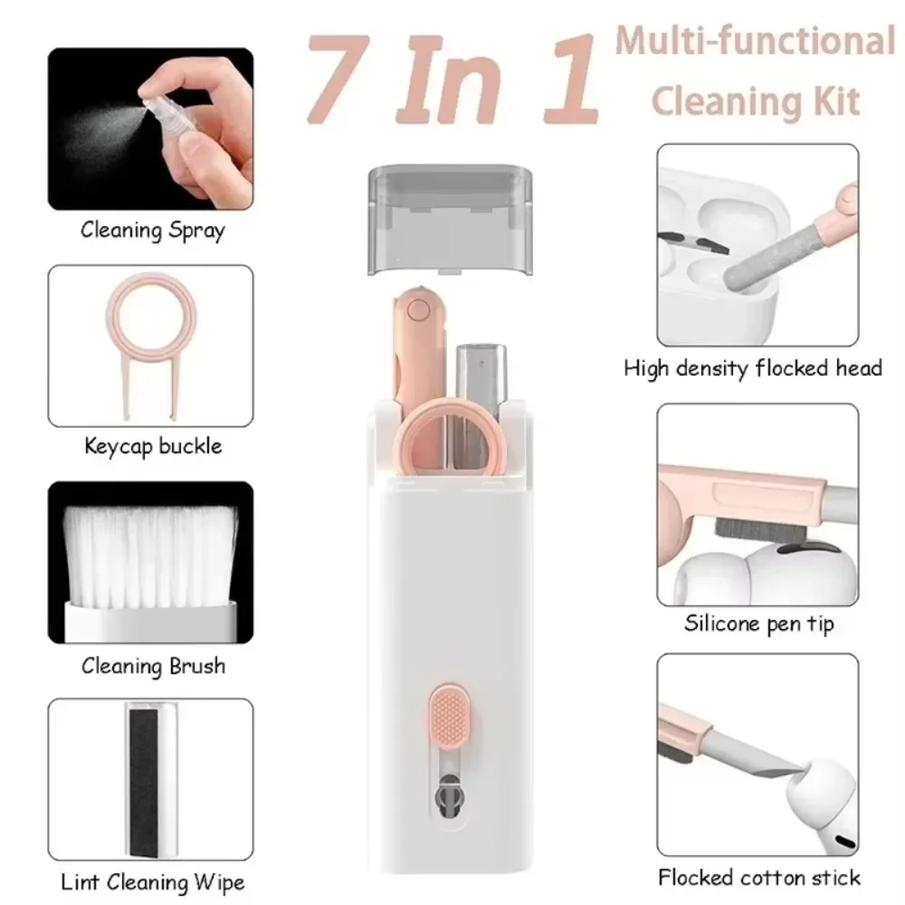 Brosse nettoyante pour clavier d'ordinateur, kit de livres 7 en 1, écouteurs, stylo pour AirPods, outils pour iPhone, ensemble flacon de touches