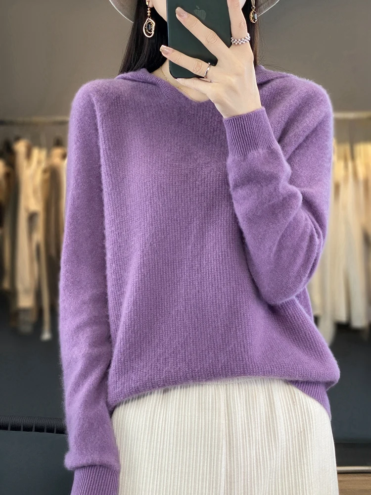 ADDONEE Women Basic Casual Pullover Sweater 100% Merino Wool Long Sleeve Hoodie Cashmere Knitwear Korean Popular Clothes Spring