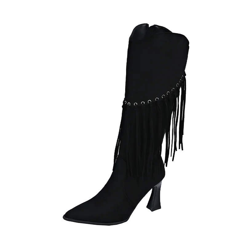 Bottes au genou pour femmes, élégantes, modernes, couture à franges, pointues, Parker, talons hauts, fermeture éclair latérale, chaussures pour dames, 2024