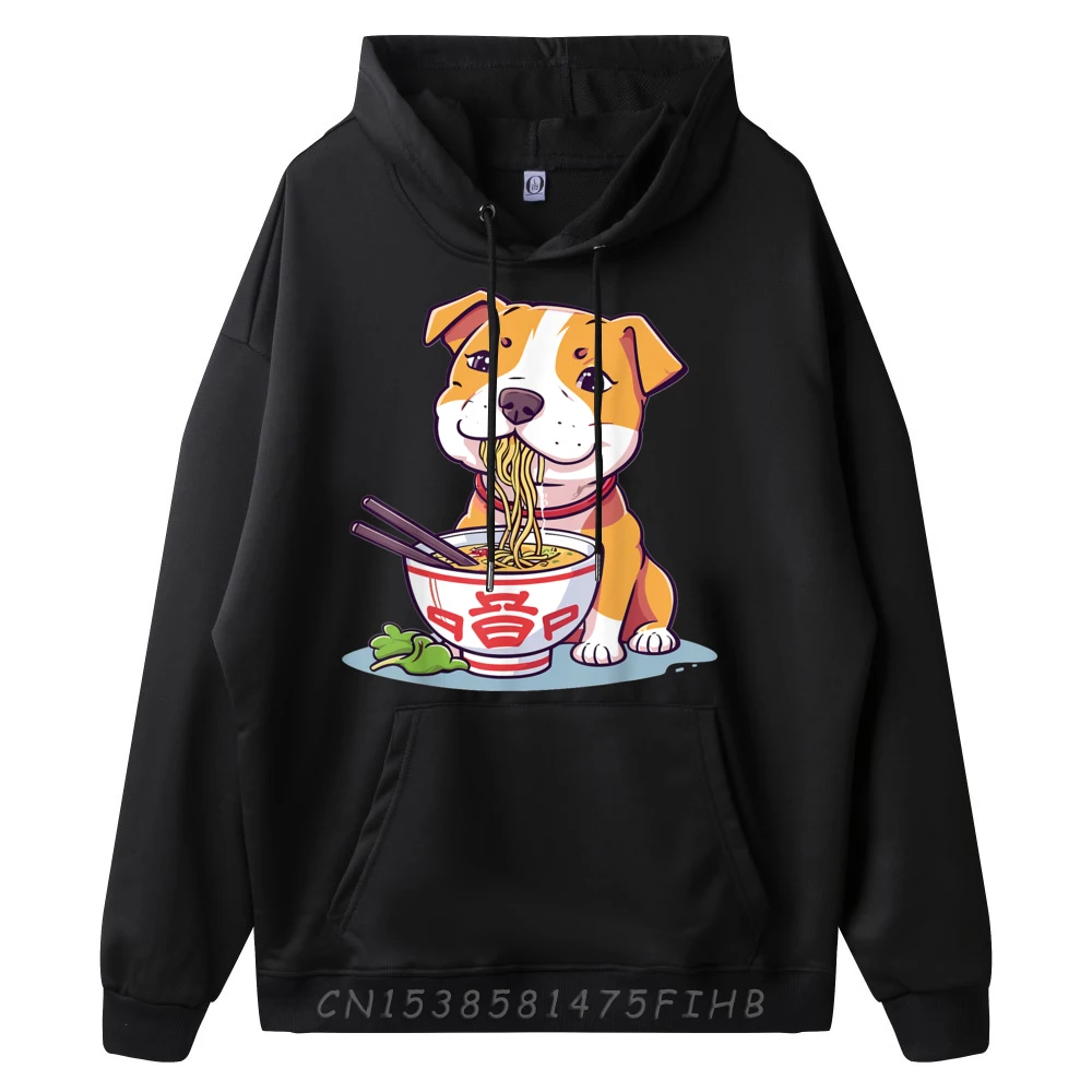 Funny Pitbull eating Ramen Noodle Soup Kawaii Graphic Luxury Designer Women Polyester Fiber Hoodies Men Party