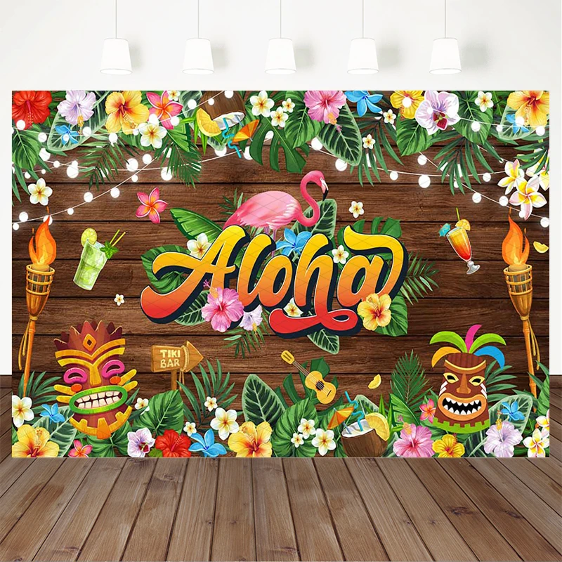Mocsicka Aloha Luau Party Backdrop Tropical Wooden Wall Tiki Mask Flamingo Photography Background Summer Kids Photo Booth Banner