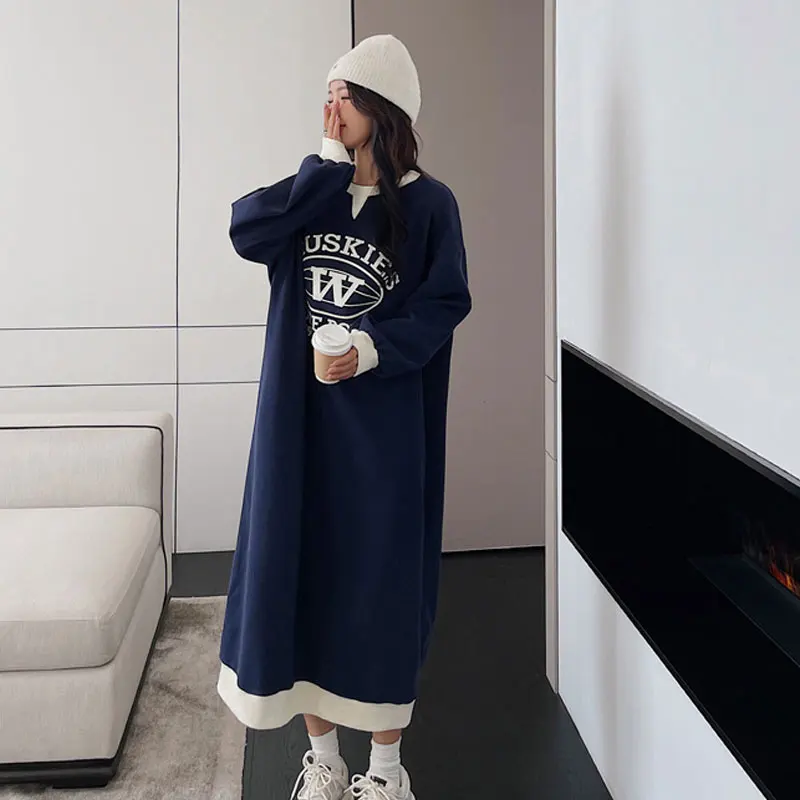 2023 New O-neck Pullovers Autumn Winter Thin Fashion Loose Long Dress Streetwear Dresses Printing Young Style Women\'s Clothing