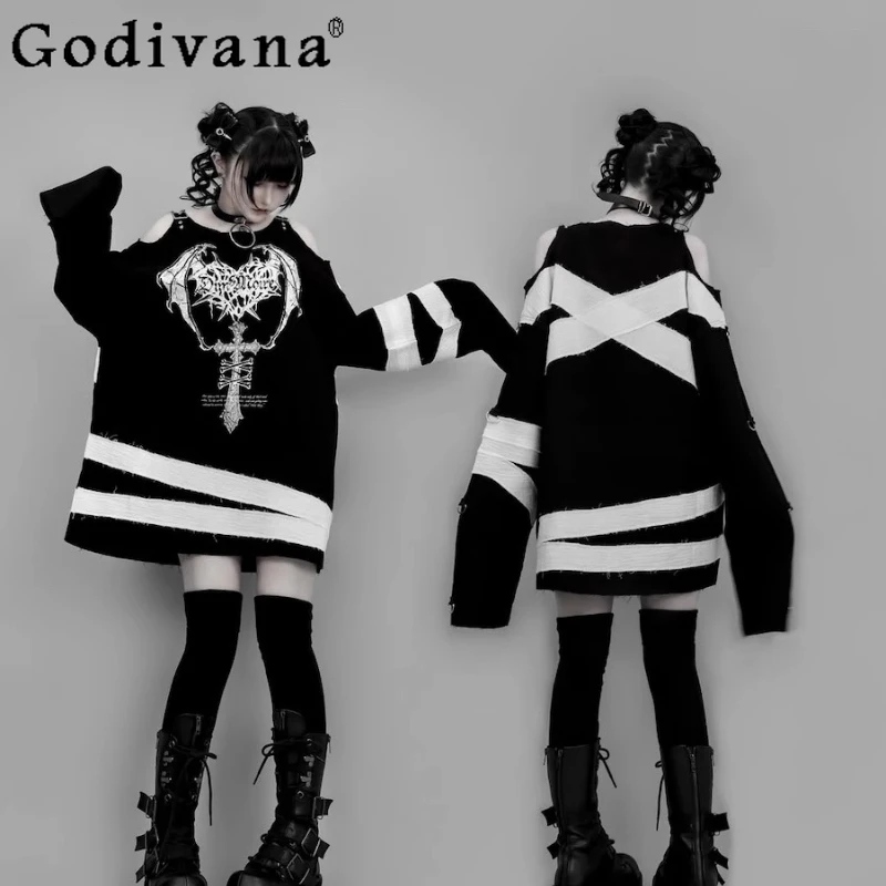 

Subculture Japanese Mine Series Punk Gothic Cross Print Long-sleeved Top Girls' Sweet Cool Loose Off-the-shoulder Y2k T-shirts