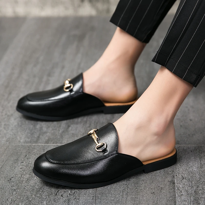 Summer Half Shoes For Men Dress Shoes Mules Man Slides Leather Semi-Drag Casual Shoes Backless Loafers Slippers Flats Sandals