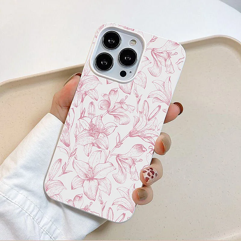 

Elegant Pink Lily Pattern White Phone Case for iPhone 11 12 13 14 15 16 Pro Max Plus 16Pro Shockproof Soft Silicone Back Cover