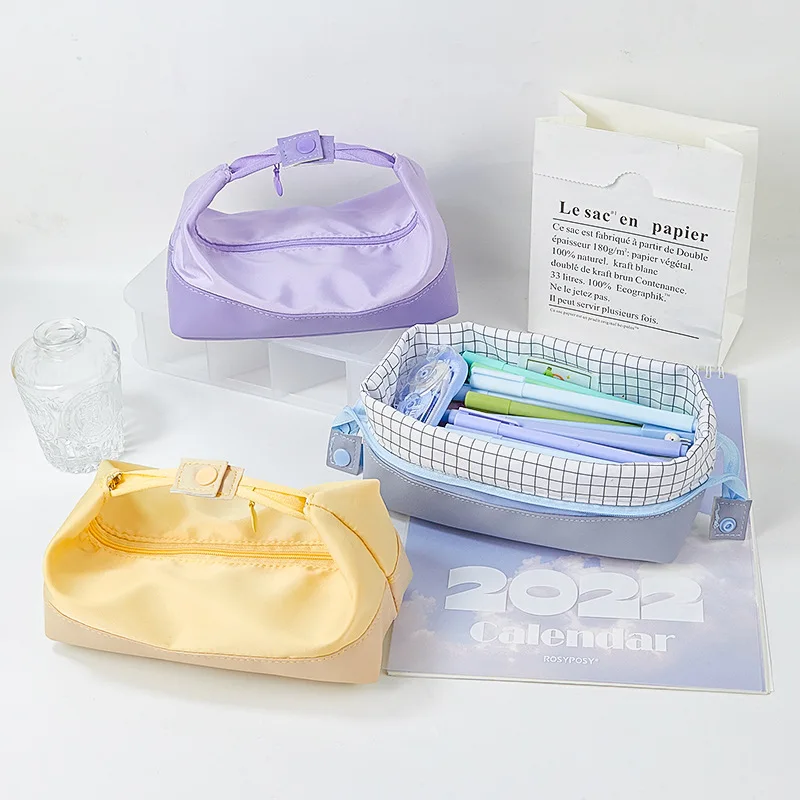 Fresh Color Soft Pen Bag Pencil Case Plaid Lining Foldable Handbag Storage Pouch Container for Stationery School F7169