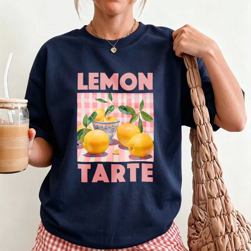 Lemon Tarte Pink Gingham Plaid Background Bowl Lemon Branch Watercolor Print T Shirt  Cotton Tee French Baking Cottagecore Tops