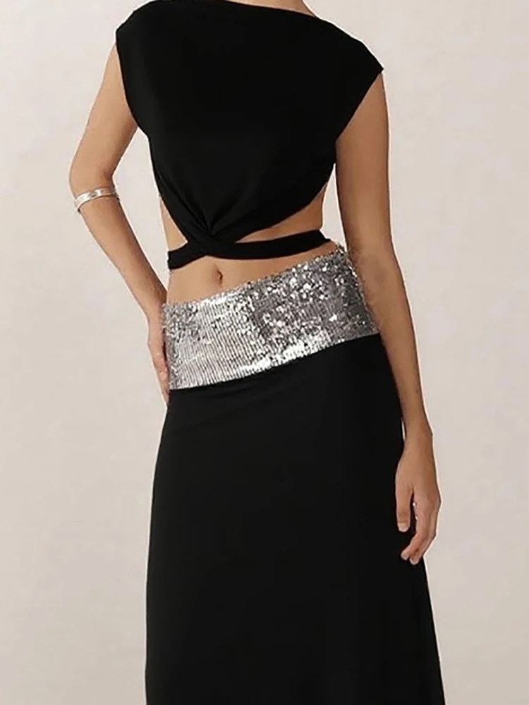 

Nice 2025 Minimalist Solid Color Backless Lace Up Outfit Casual High Waist Sequined Long Skirt Suit Women Elegant Slim Two Piece