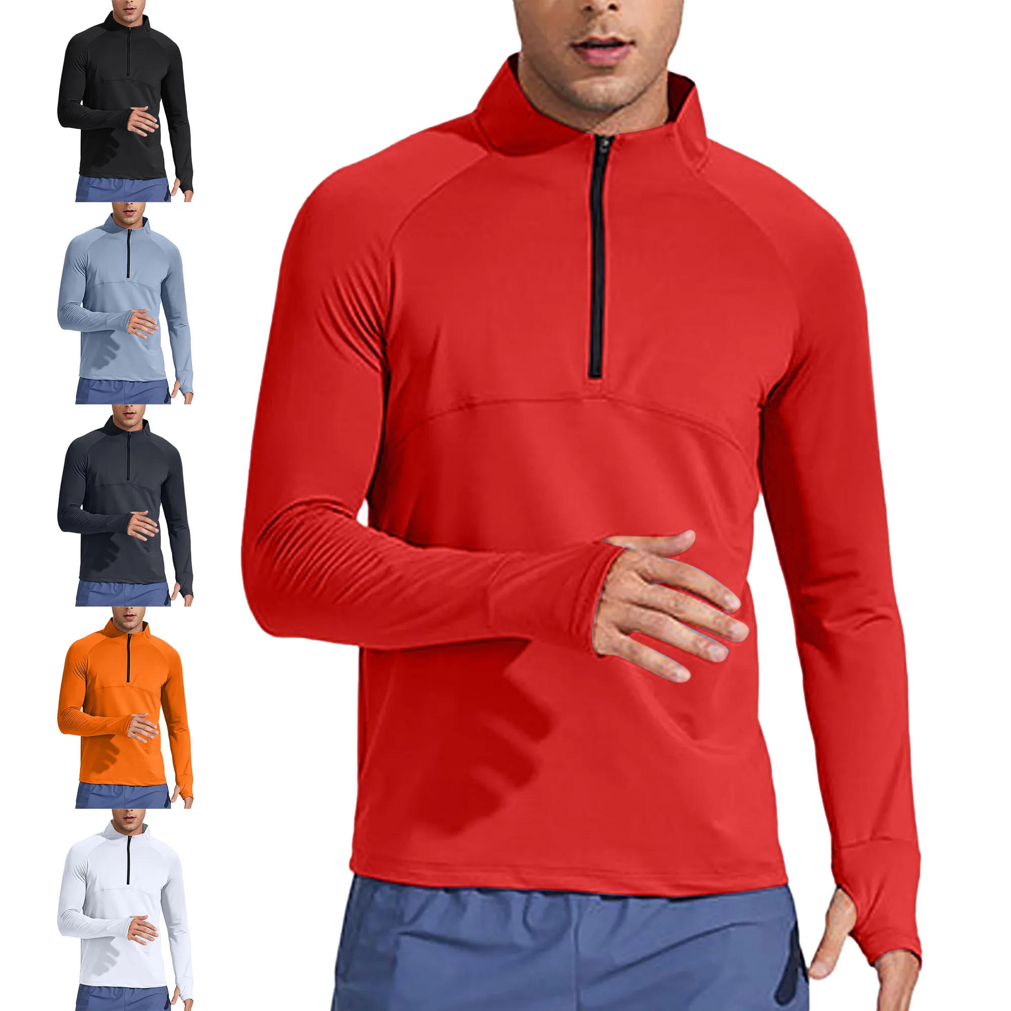 #XS-4XL Men Zip-Up Golf Shirt Thumbhole Long Sleeve Pullover T-shirt Lightweight Quick-Drying Athletic Tops Running Training