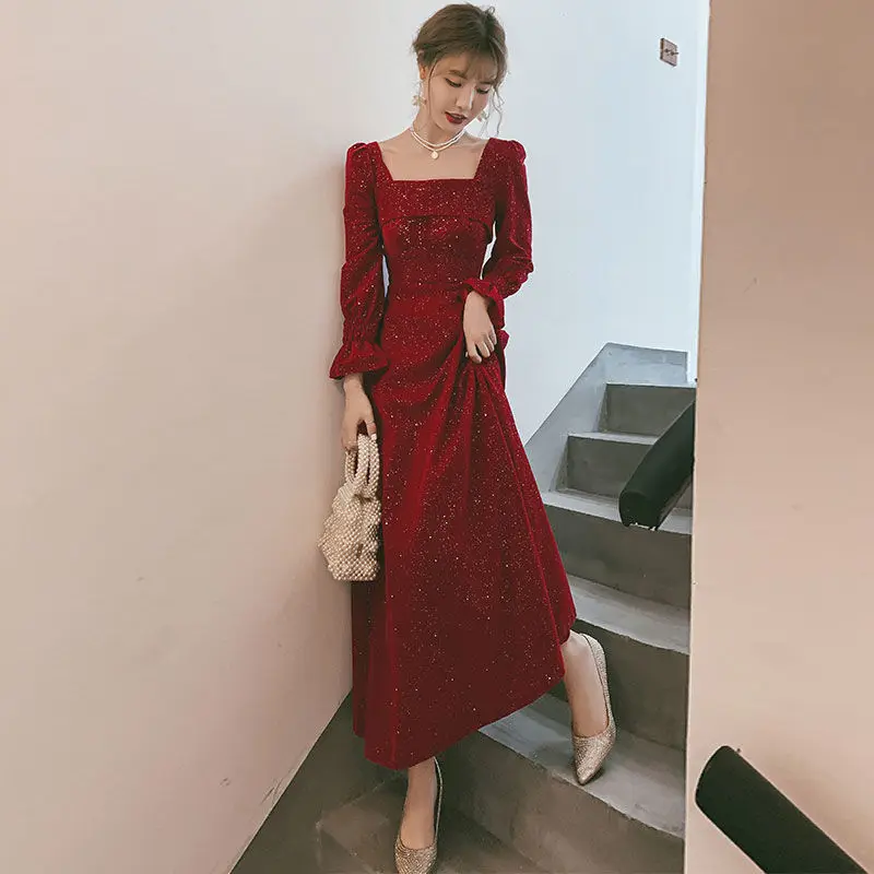 Women Evening Dress A-line Sequins Puff Sleeve Female Autumn Square Collar Stylish Floor-length Korean Style Party Vestidos