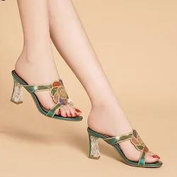 Summer New Comfort Non-slip High Heel Genuine Leather Crystal Inlaid Diamond Women's Beach Fashion Versatile Bohemian Shoes