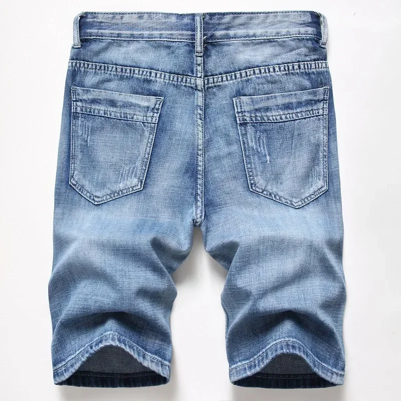 Summer New Men\'s Denim Shorts Blue Straight Slim Fit Fashionable Ripped Short Jeans Hip Hop High Street Casual Shorts Male