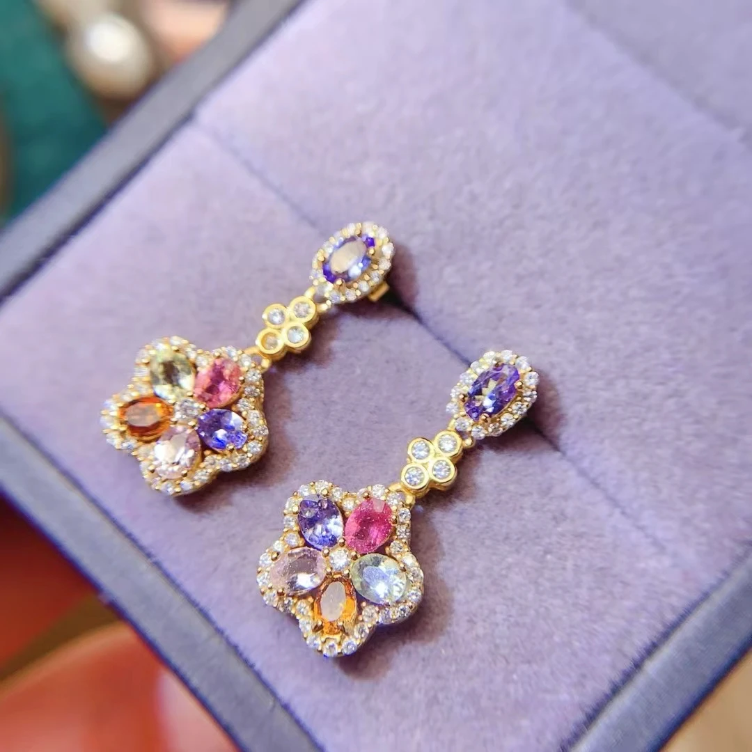 

KJJEAXCMY Natural Candy-Colored Brazilian Tourmaline Women's Earrings S925 Silver Electroplating Process Inlaid Fine Jewelry