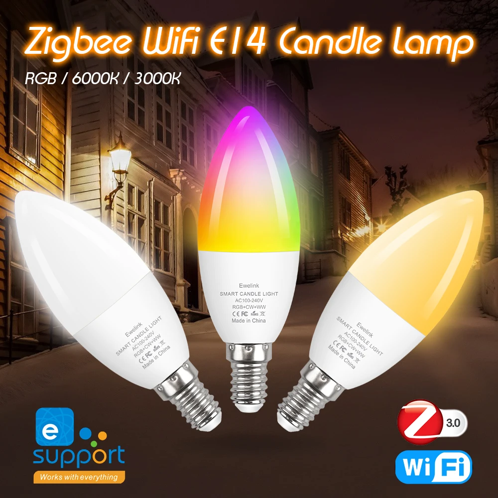 Ewelink E14 Candle Lamps APP Control Smart Bulb Zigbee WiFi RGB AC 100-240V LED Light Dimmable Bedroom Home Group Crystal Lamps