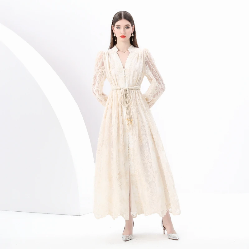 

2025 Palace style V-neck lantern sleeve double door placket retro embroidered long dress for women