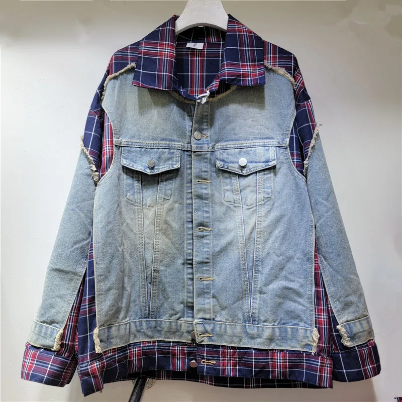 

SuperAen Retro Patchwork Fake Two-piece Plaid Denim Jacket Women 2024 Autumn New Design Asymmetrical Loose Casual Coats