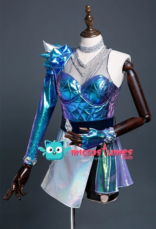 Miccostumes Women's Blue Color Shiny Symphony Laser Reflective Splicing Leather Cosplay Costume Outfit with Belt and Neck